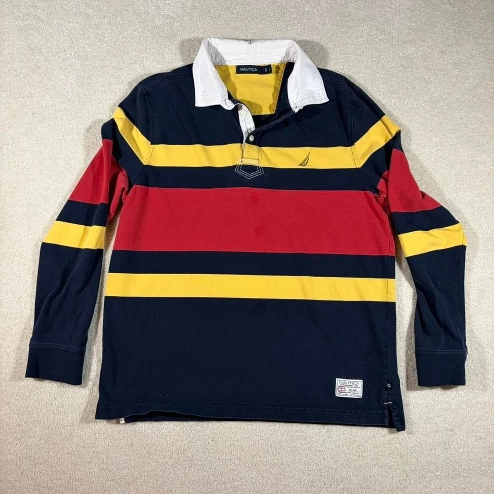 Nautica Rugby Shirt Mens‎ Large Blue Red Yellow Striped Long Sleeve Polo Vintage